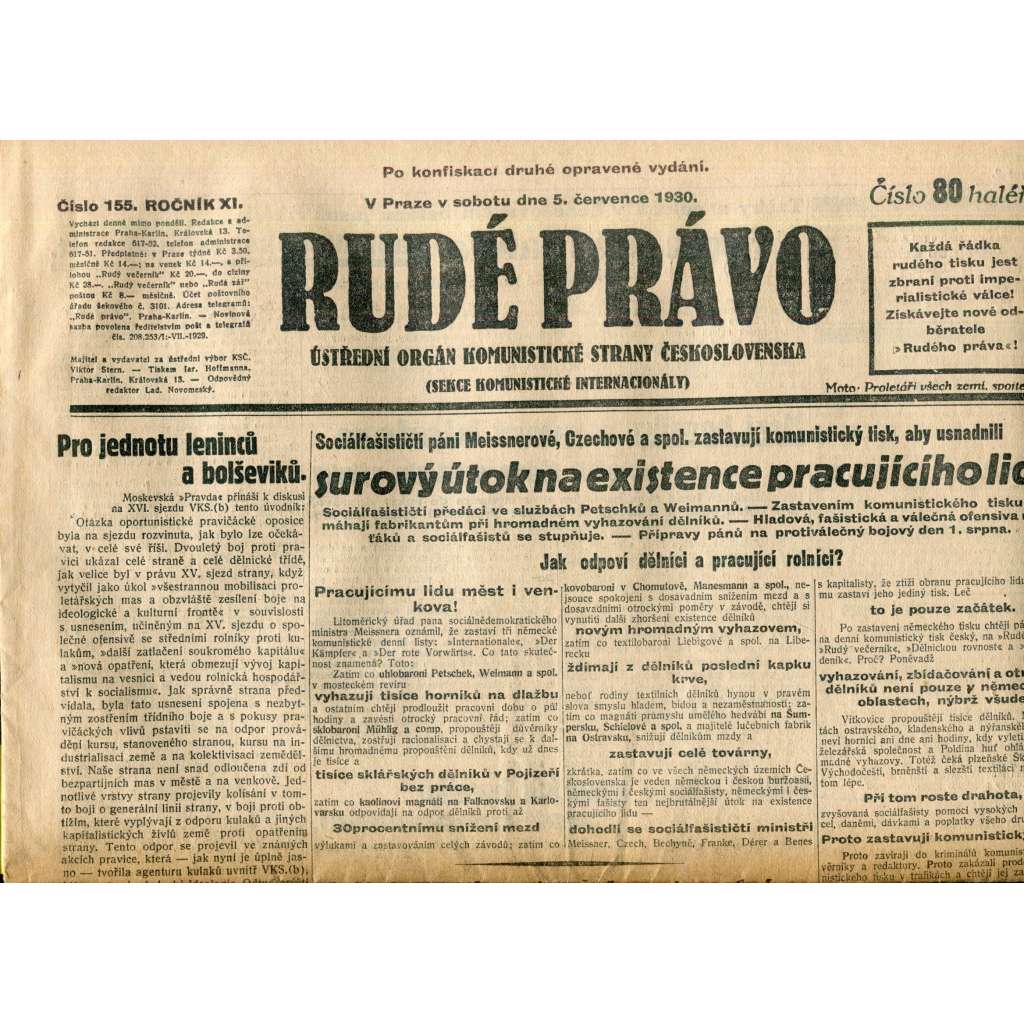 Rudé právo (5.7.1930) - staré noviny, 1. republika