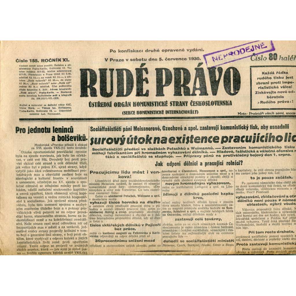 Rudé právo (5.7.1930) - staré noviny, 1. republika