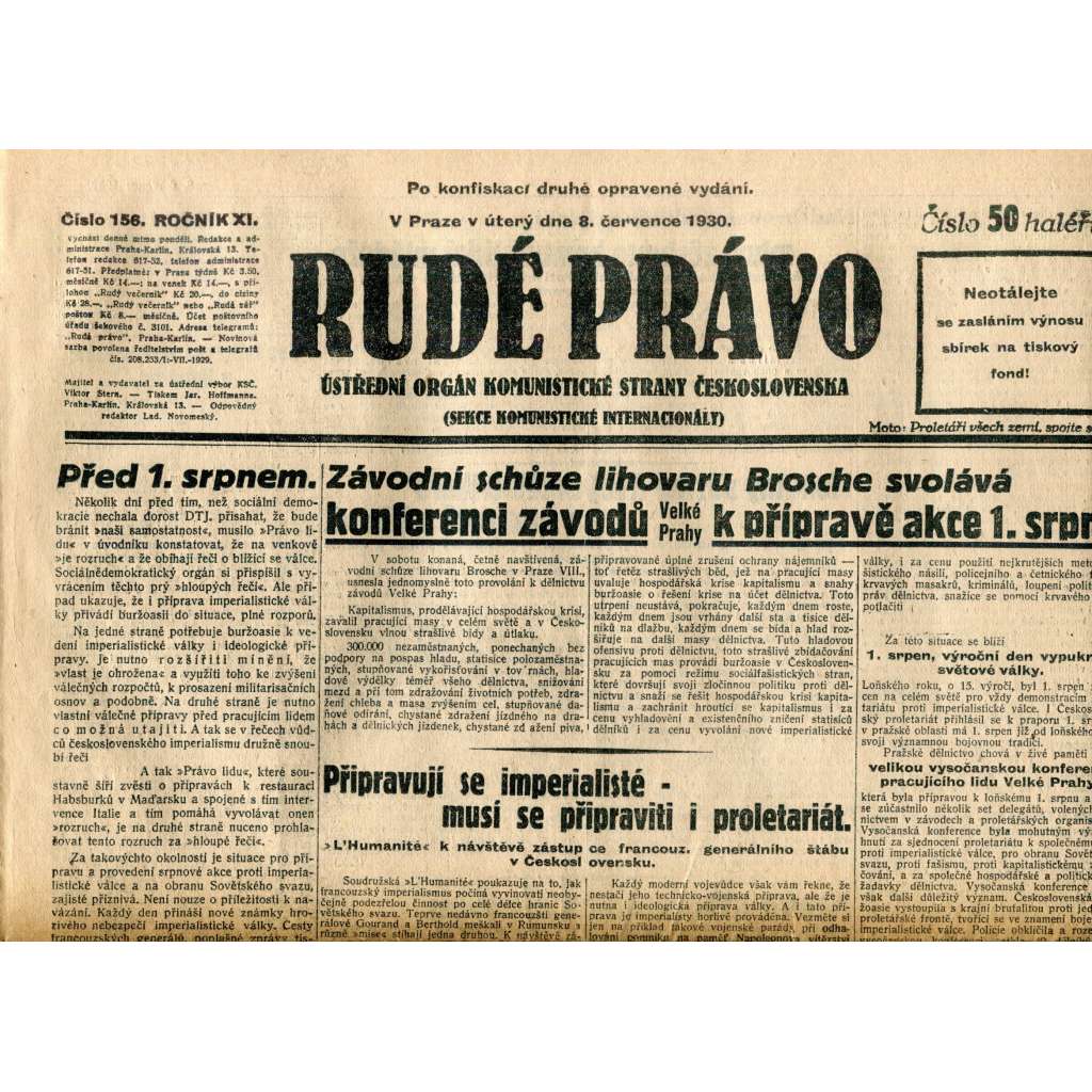 Rudé právo (8.7.1930) - staré noviny, 1. republika