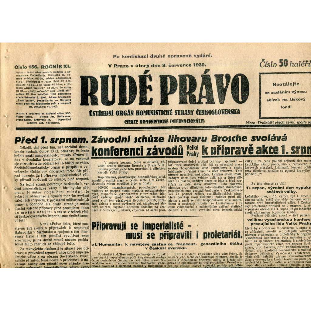 Rudé právo (8.7.1930) - staré noviny, 1. republika