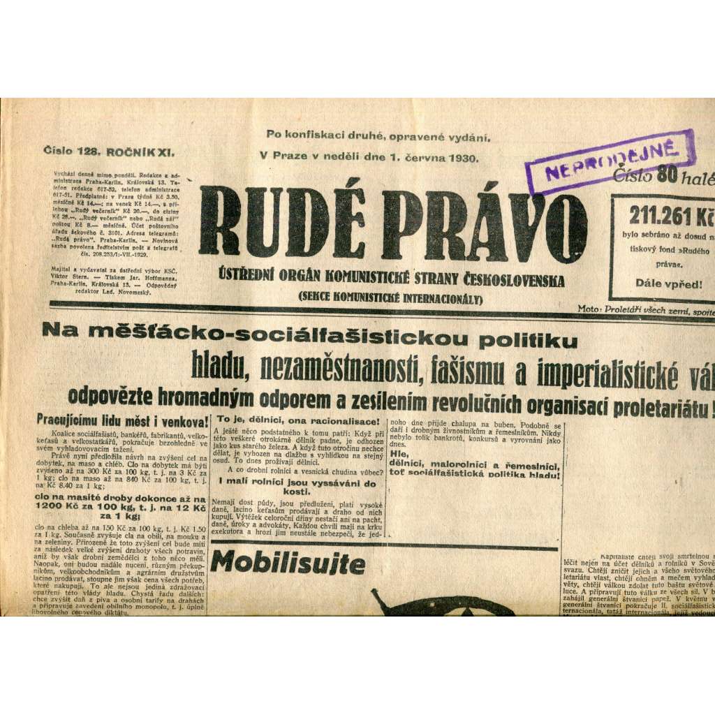Rudé právo (1.6.1930) - staré noviny, 1. republika