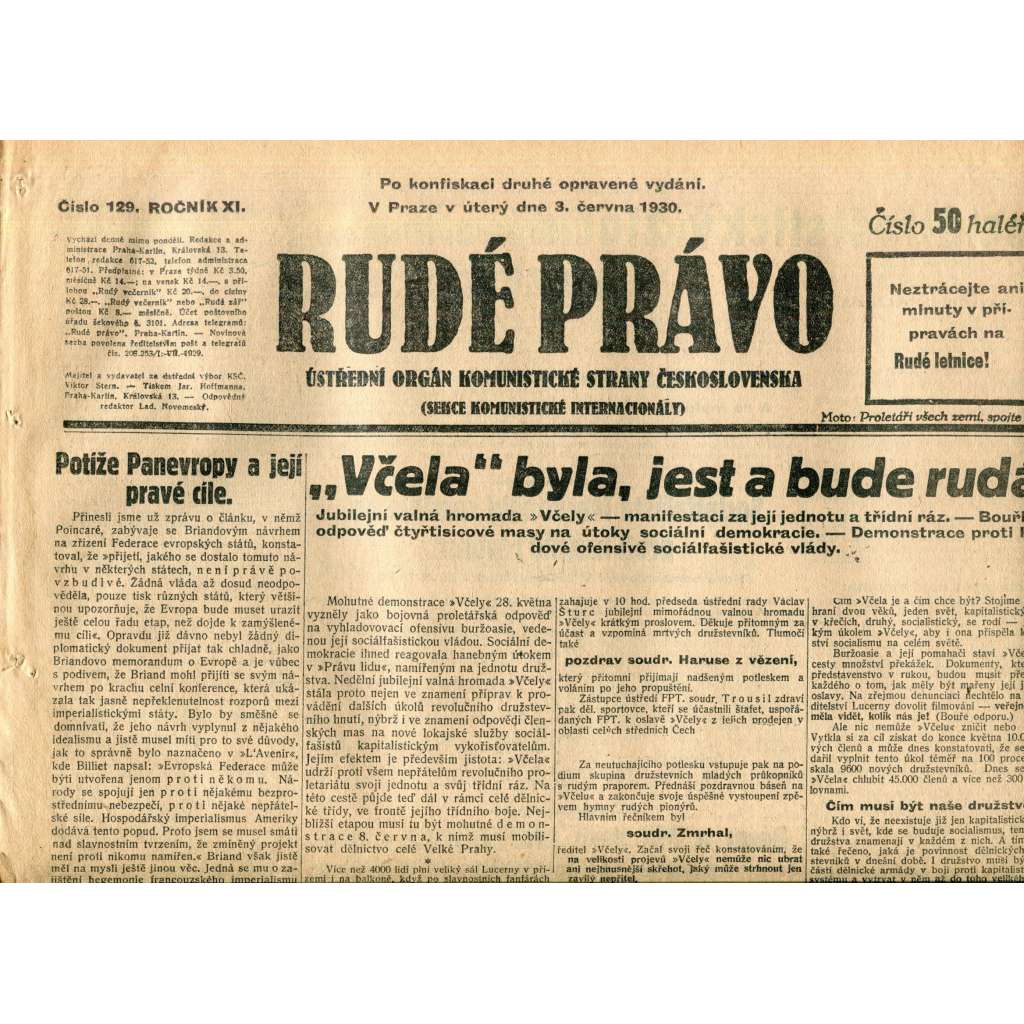 Rudé právo (3.6.1930) - staré noviny, 1. republika