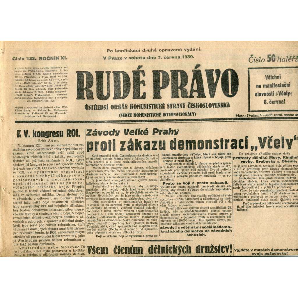 Rudé právo (7.6.1930) - staré noviny, 1. republika