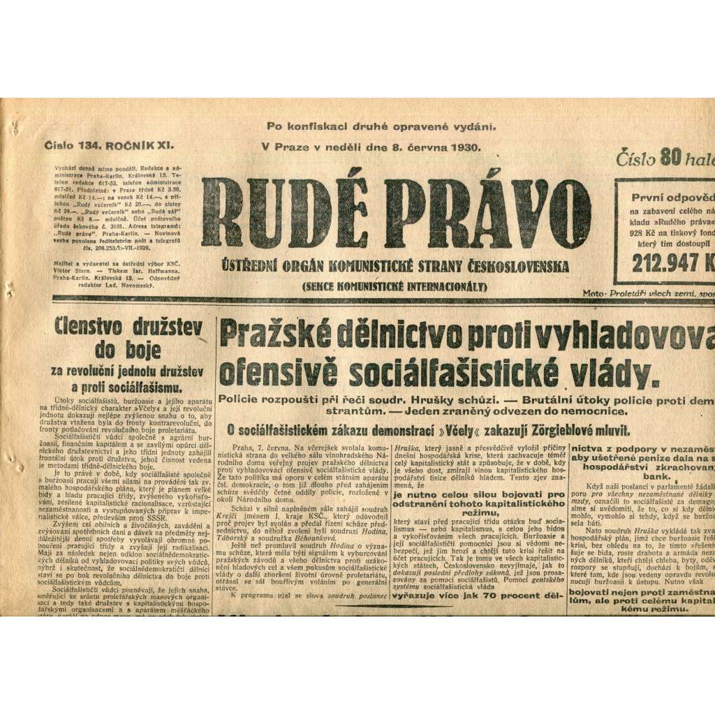 Rudé právo (8.6.1930) - staré noviny, 1. republika