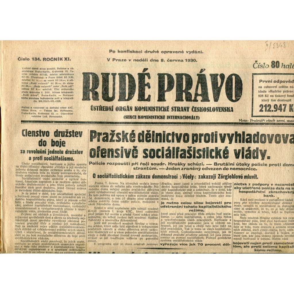 Rudé právo (8.6.1930) - staré noviny, 1. republika