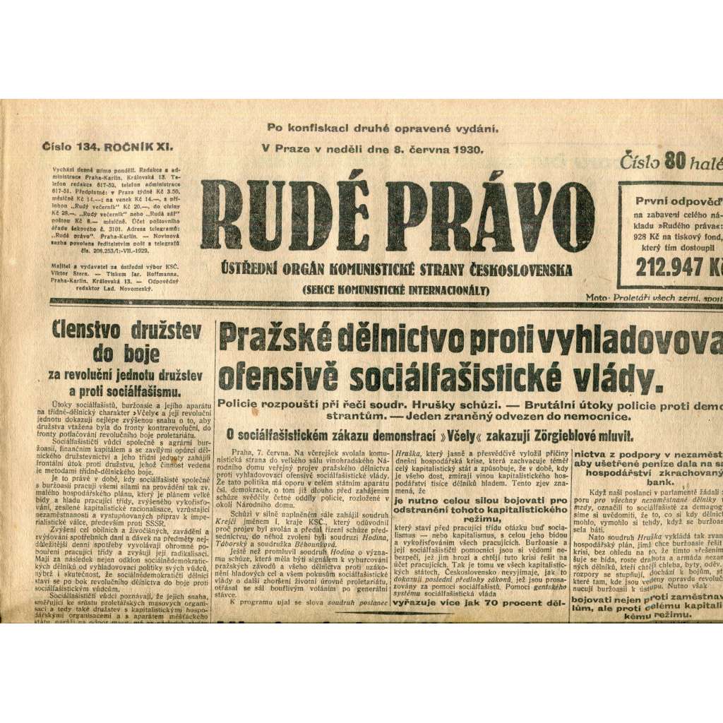 Rudé právo (8.6.1930) - staré noviny, 1. republika
