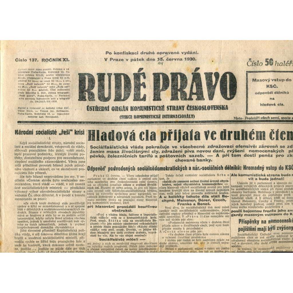 Rudé právo (13.6.1930) - staré noviny, 1. republika