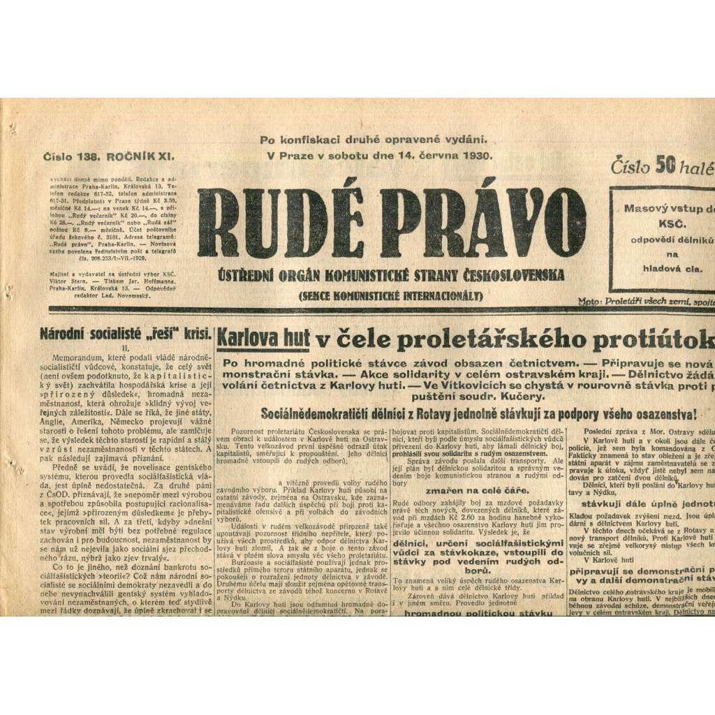 Rudé právo (14.6.1930) - staré noviny, 1. republika