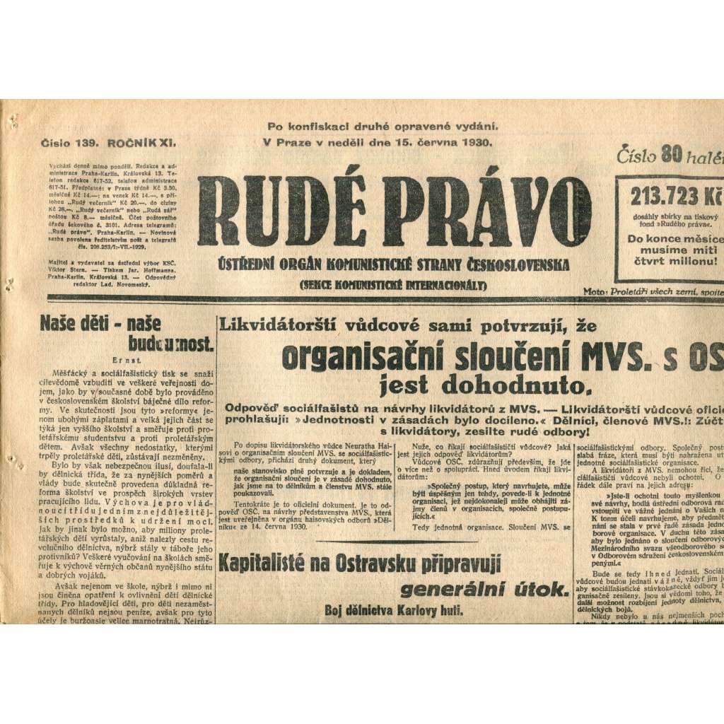 Rudé právo (15.6.1930) - staré noviny, 1. republika