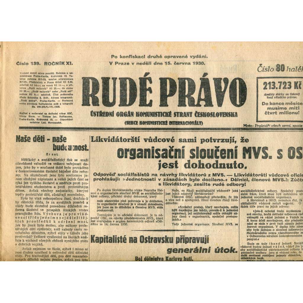 Rudé právo (15.6.1930) - staré noviny, 1. republika