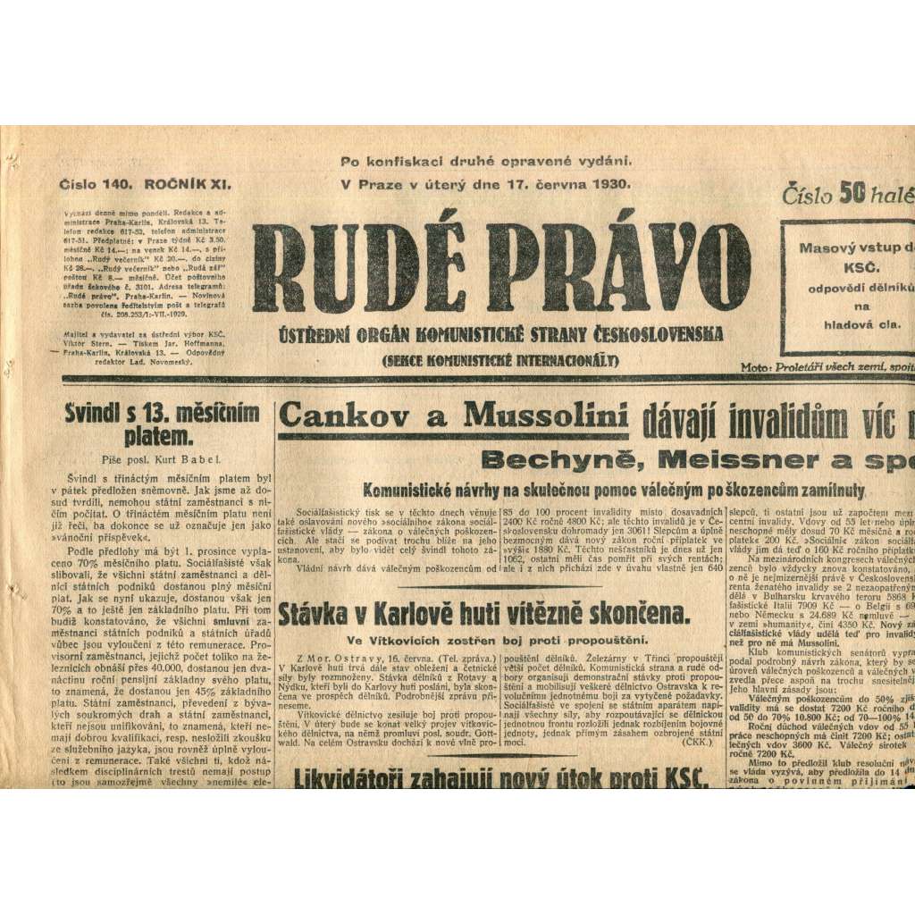 Rudé právo (17.6.1930) - staré noviny, 1. republika