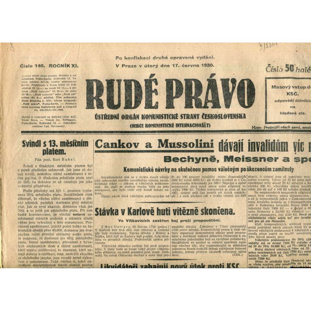 Rudé právo (17.6.1930) - staré noviny, 1. republika