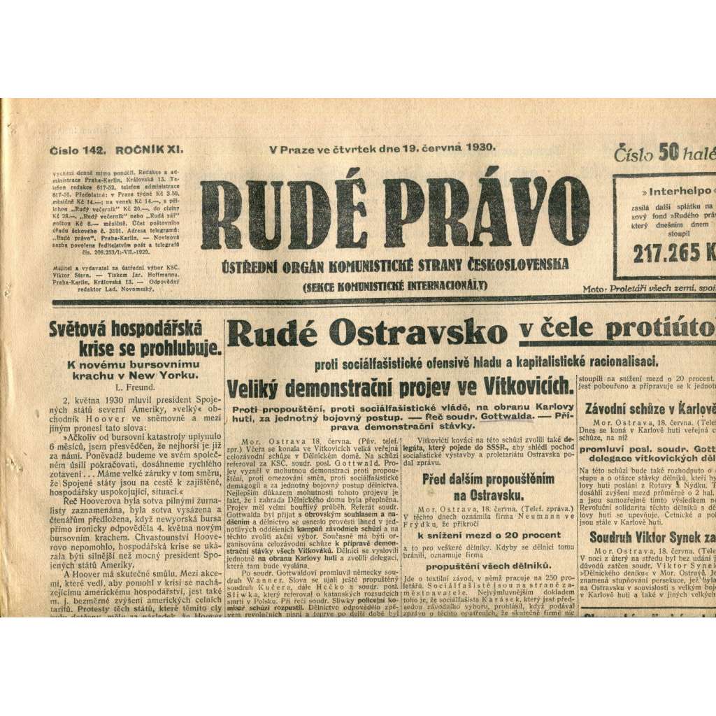 Rudé právo (19.6.1930) - staré noviny, 1. republika