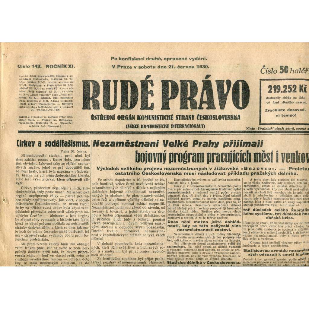Rudé právo (21.6.1930) - staré noviny, 1. republika