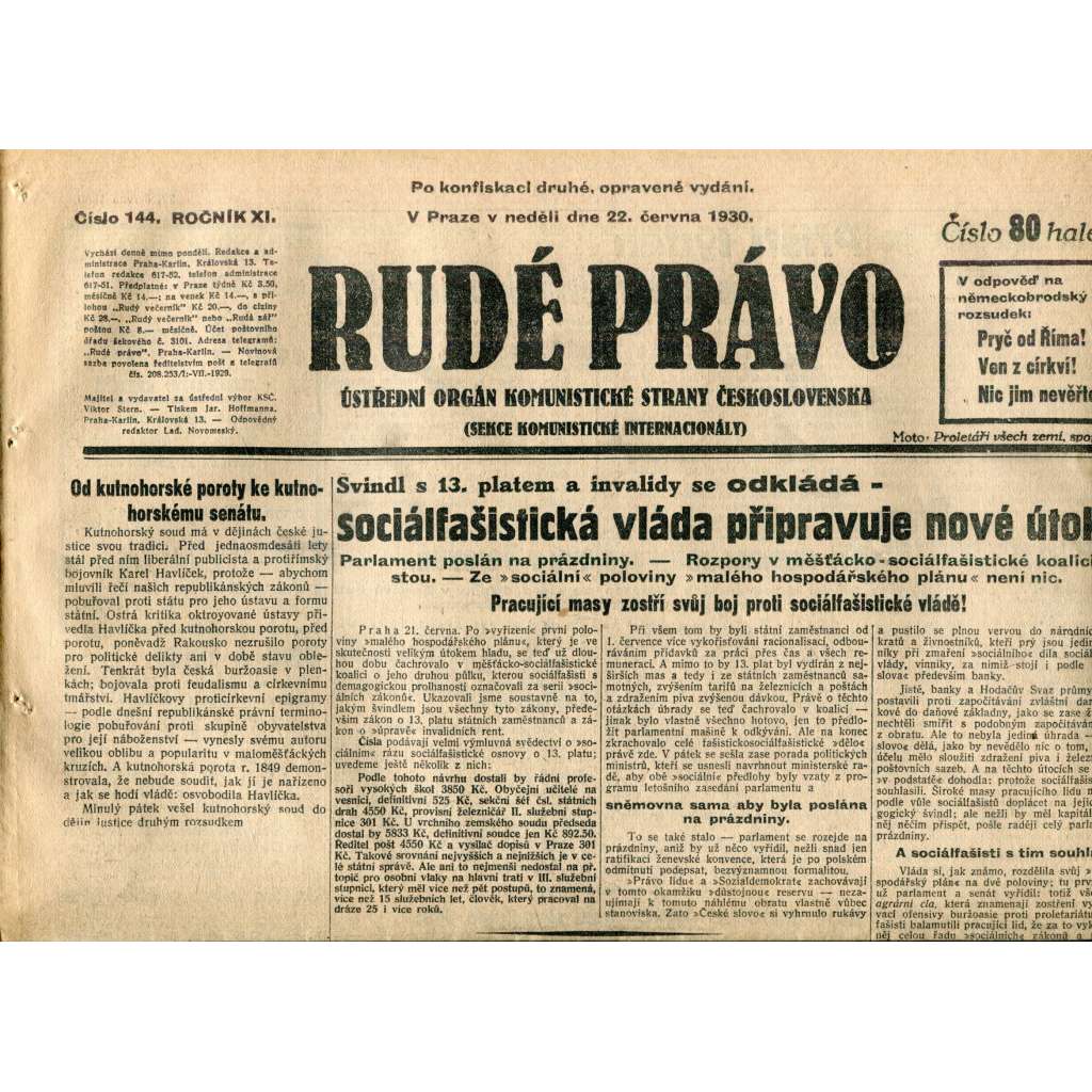 Rudé právo (22.6.1930) - staré noviny, 1. republika