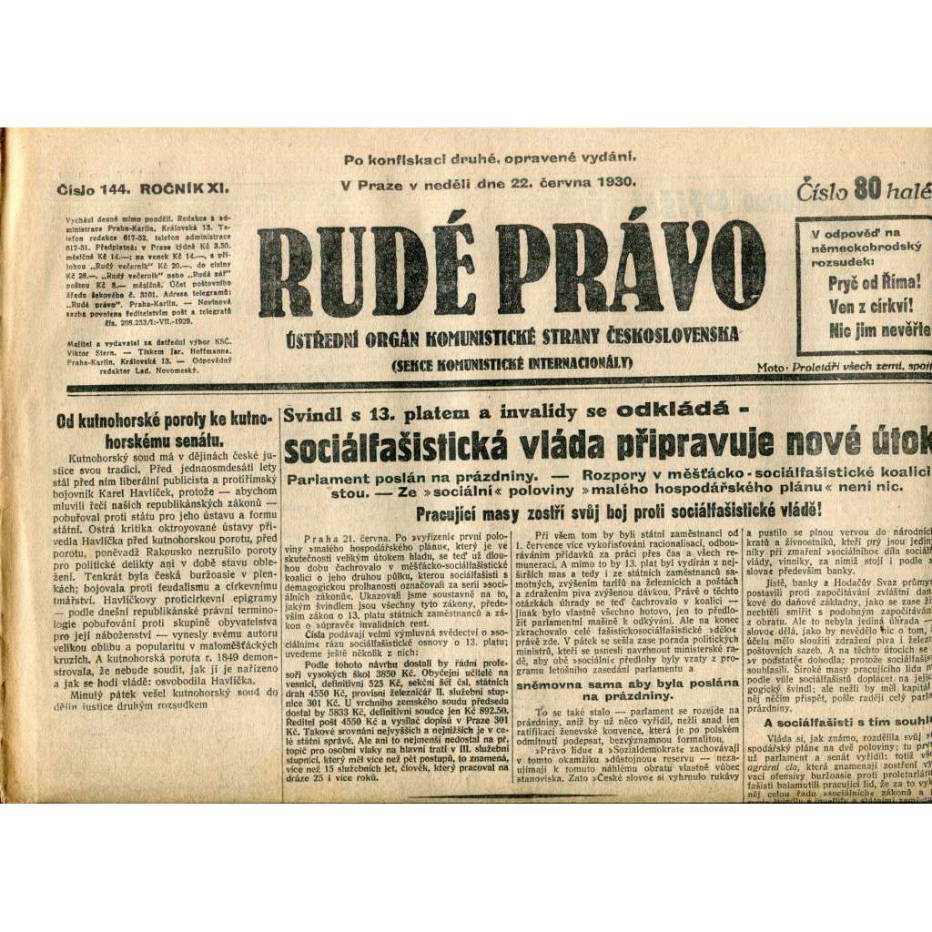 Rudé právo (22.6.1930) - staré noviny, 1. republika