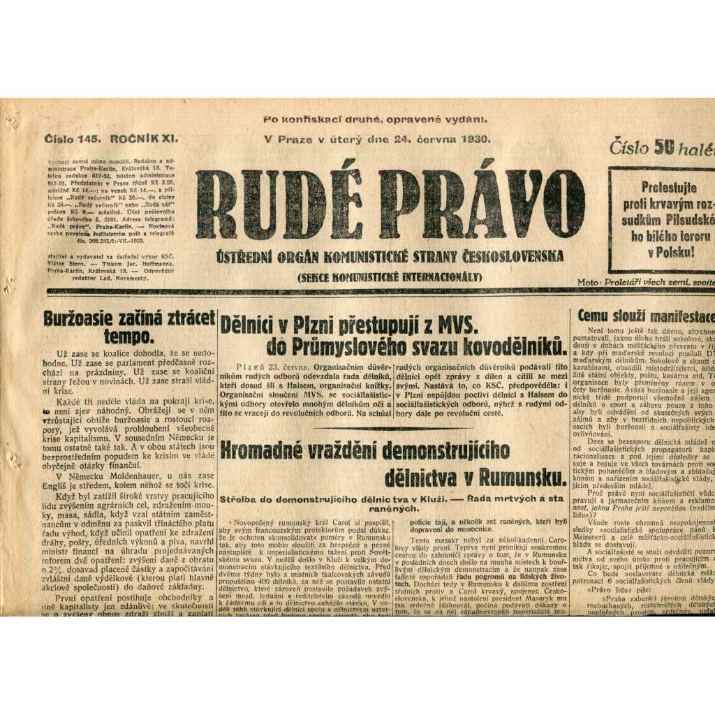 Rudé právo (24.6.1930) - staré noviny, 1. republika