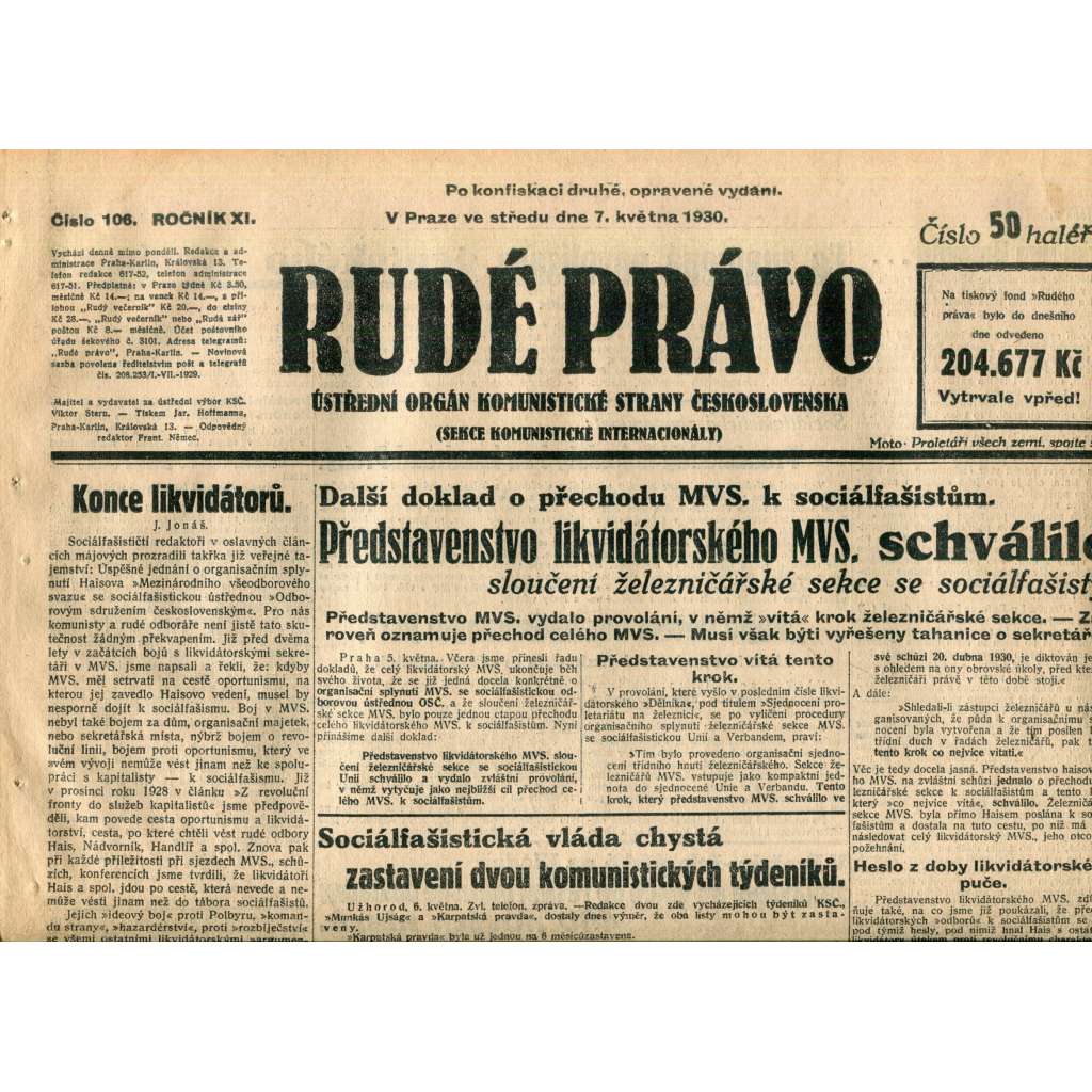 Rudé právo (7.5.1930) - staré noviny, 1. republika