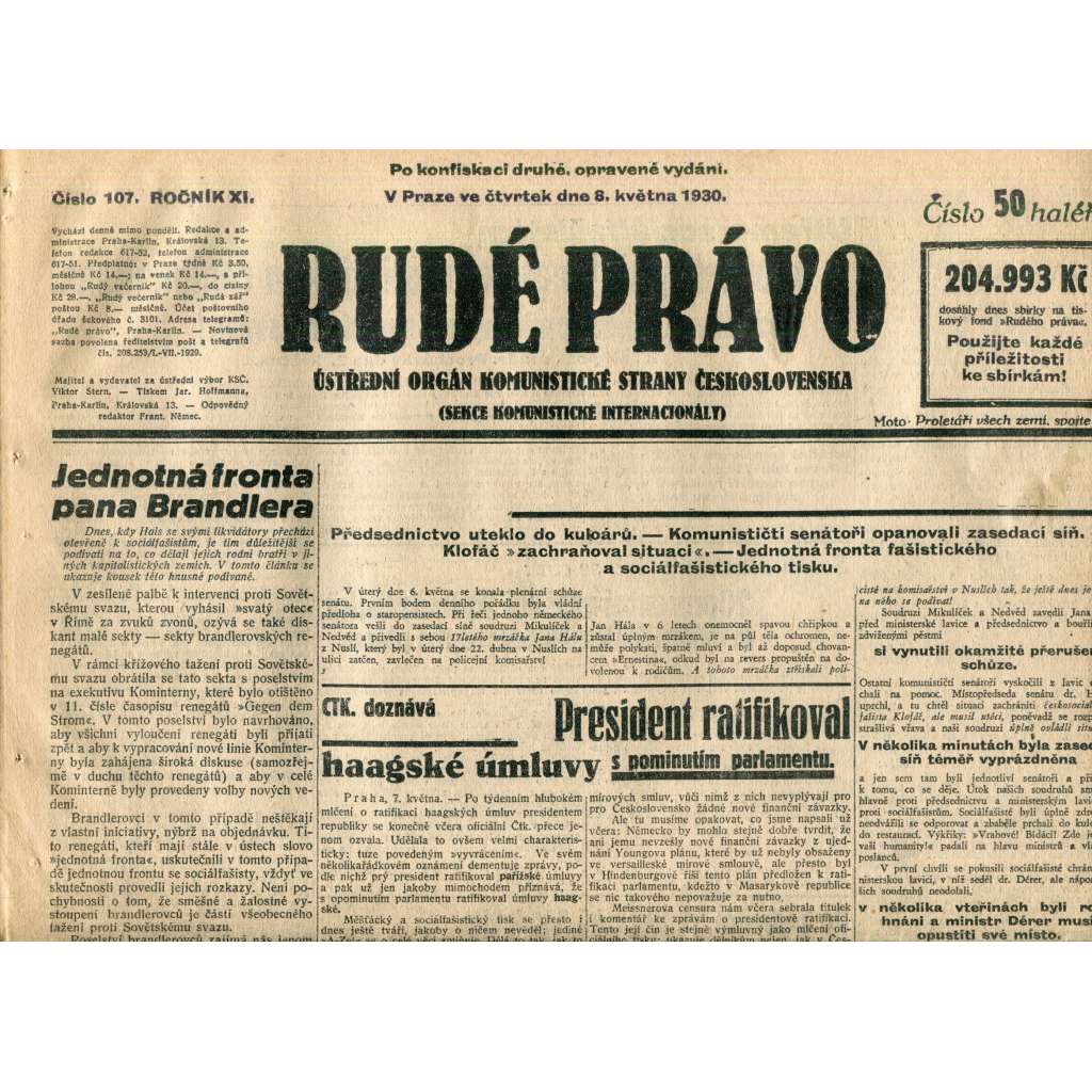 Rudé právo (8.5.1930) - staré noviny, 1. republika
