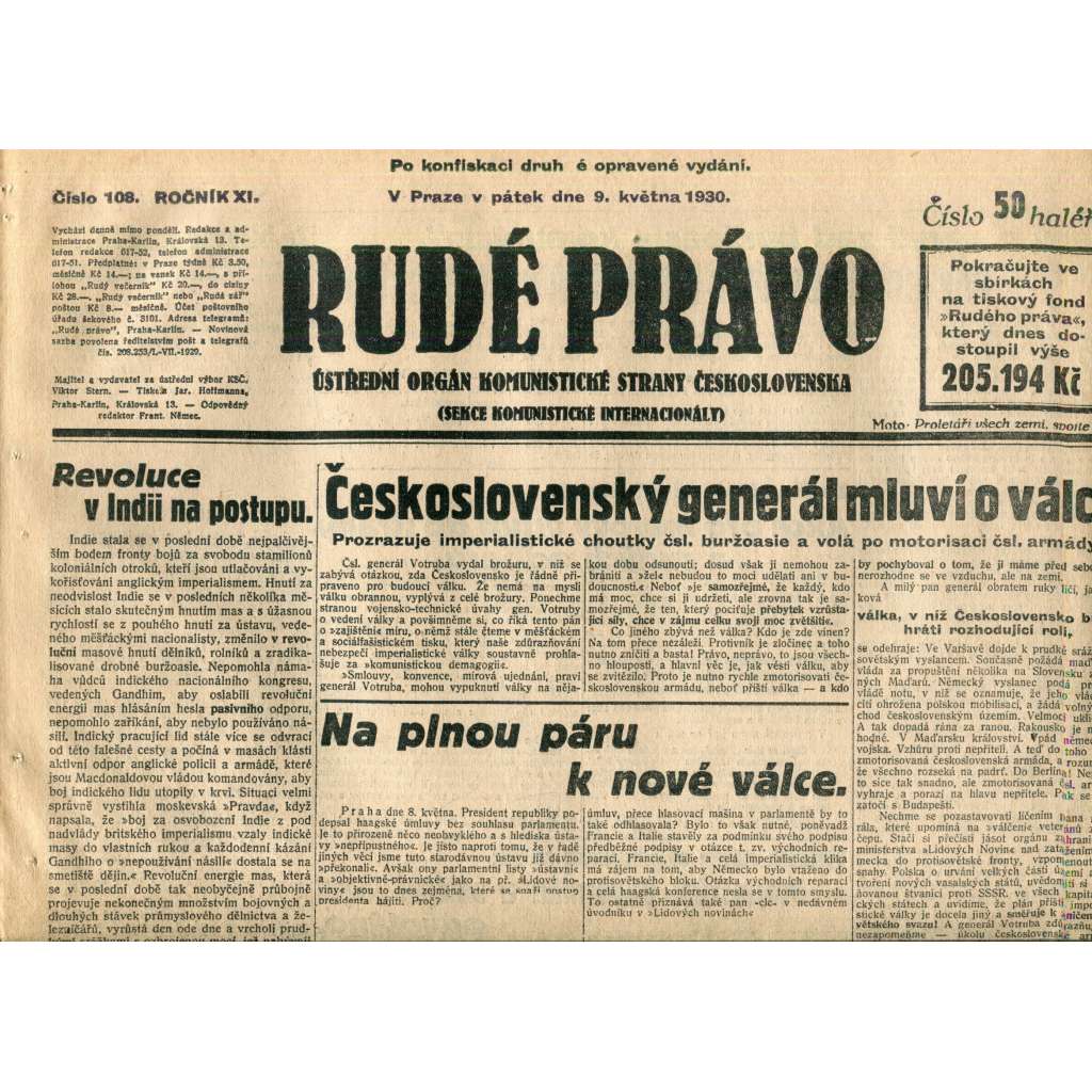 Rudé právo (9.5.1930) - staré noviny, 1. republika