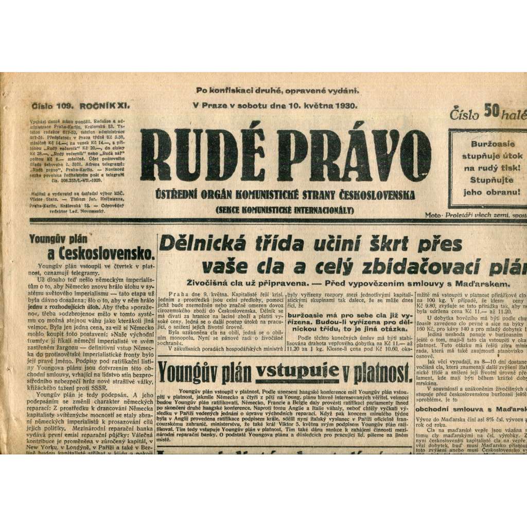 Rudé právo (10.5.1930) - staré noviny, 1. republika