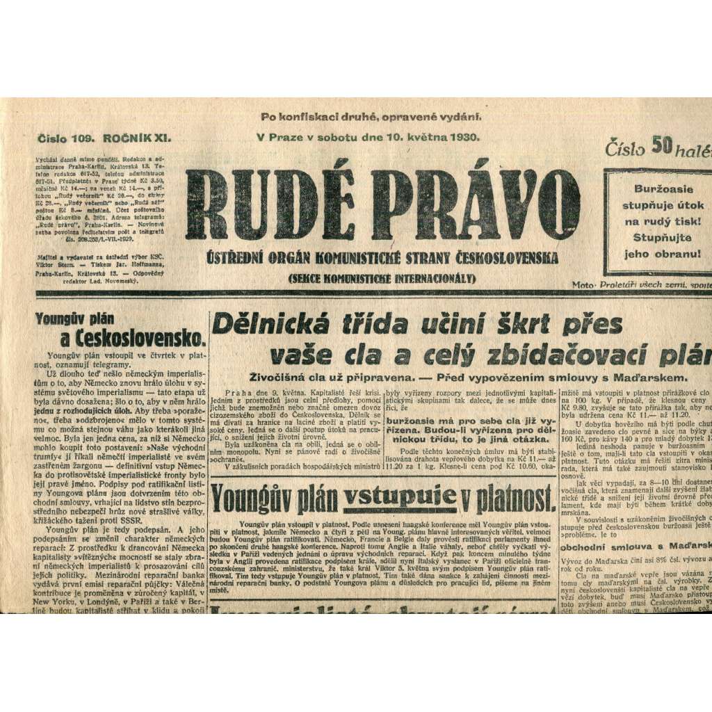 Rudé právo (10.5.1930) - staré noviny, 1. republika