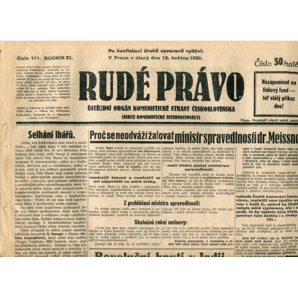Rudé právo (13.5.1930) - staré noviny, 1. republika