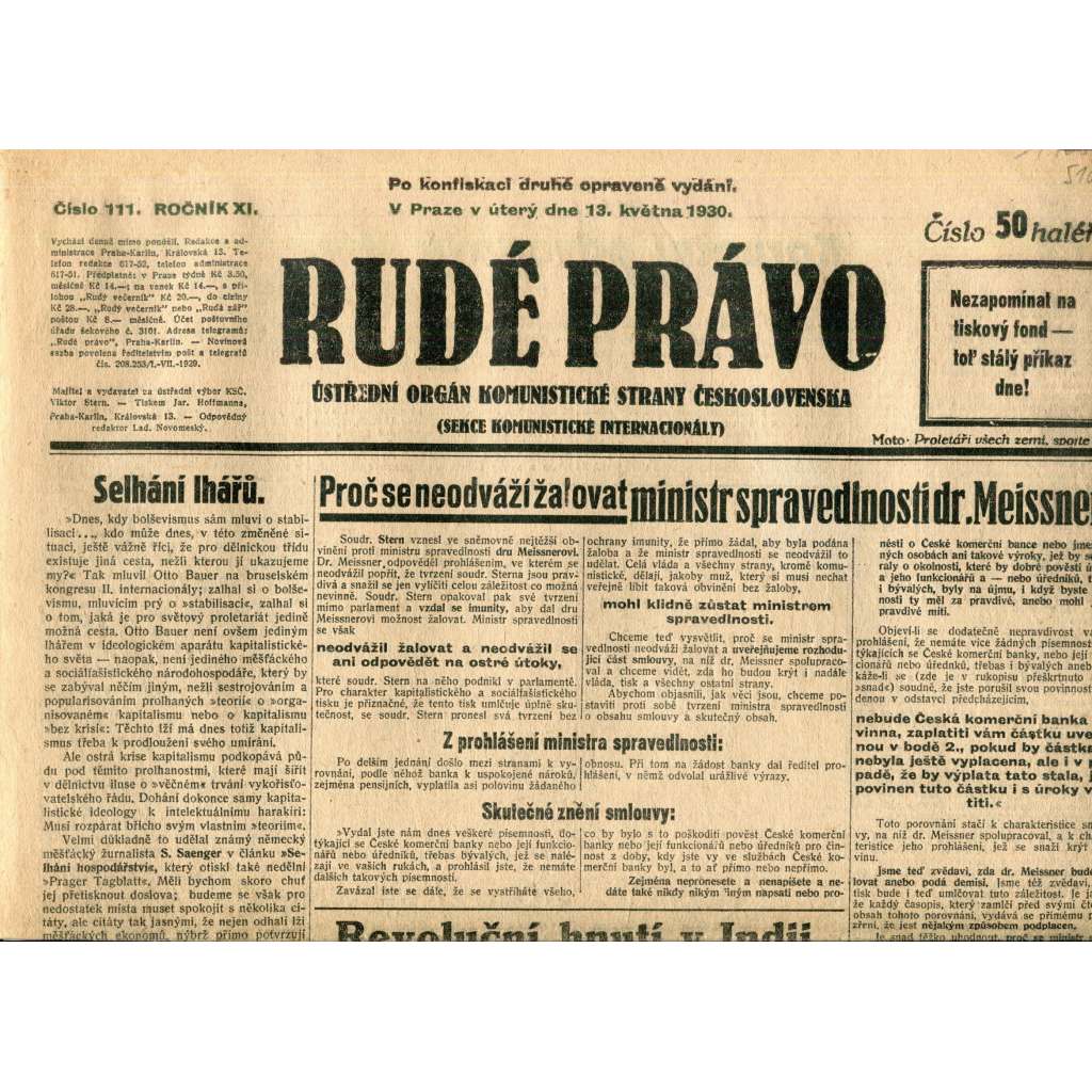 Rudé právo (13.5.1930) - staré noviny, 1. republika