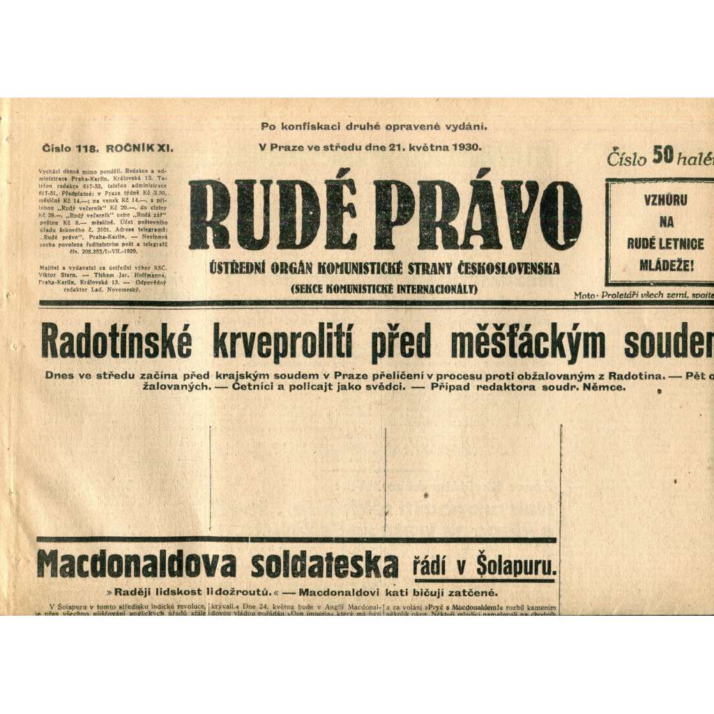 Rudé právo (21.5.1930) - staré noviny, 1. republika