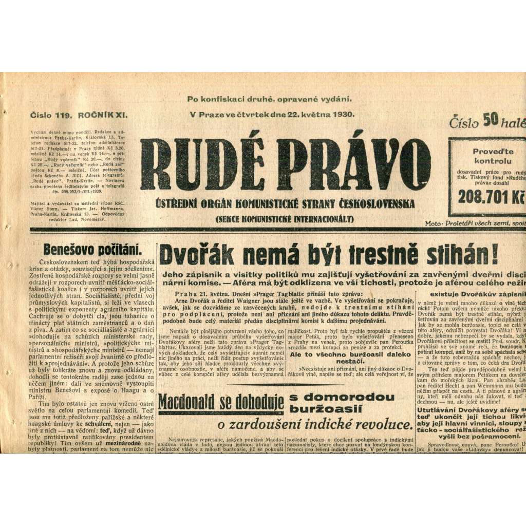 Rudé právo (22.5.1930) - staré noviny, 1. republika