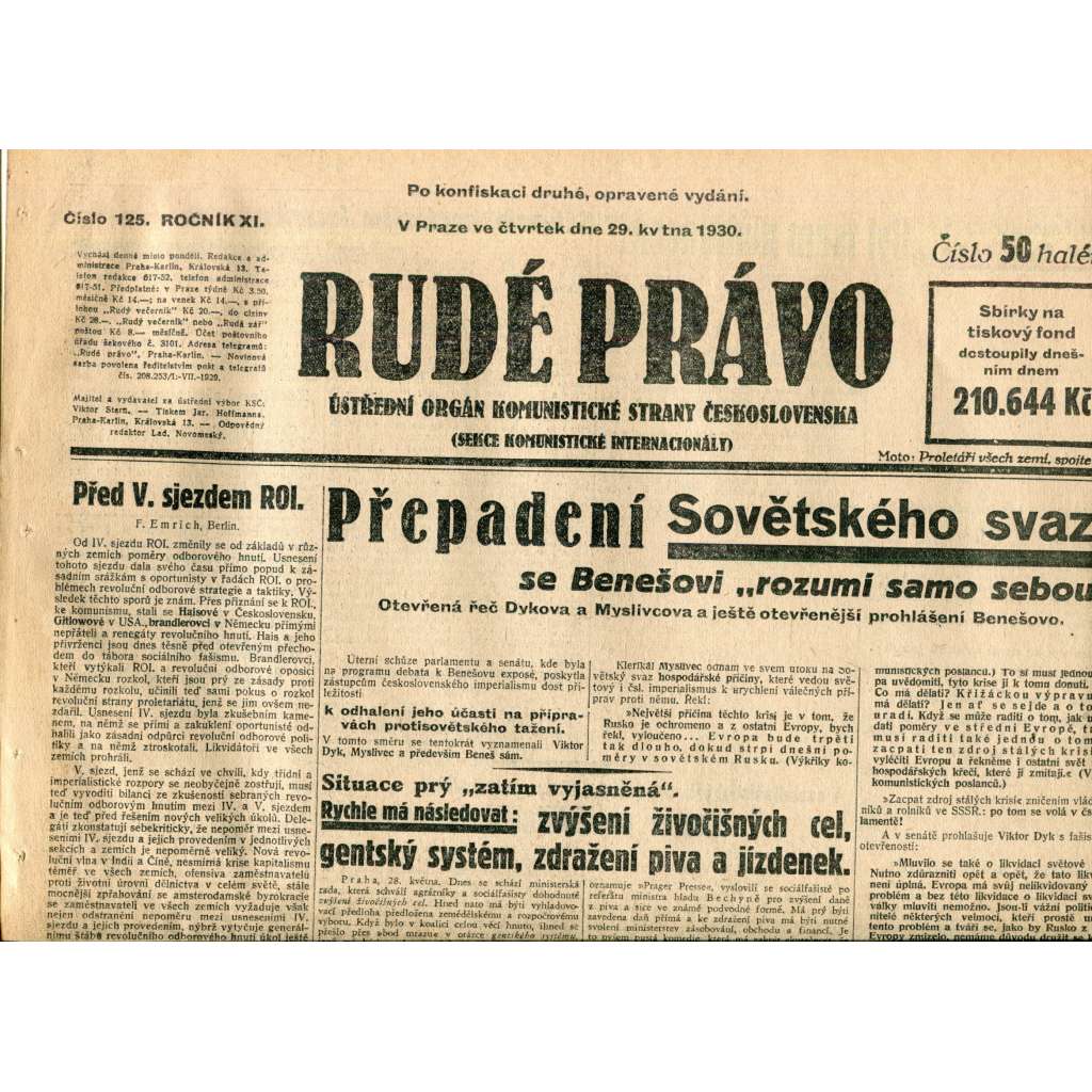 Rudé právo (29.5.1930) - staré noviny, 1. republika