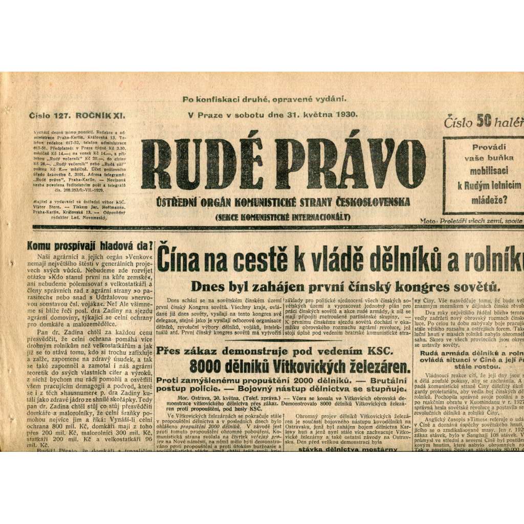 Rudé právo (31.5.1930) - staré noviny, 1. republika
