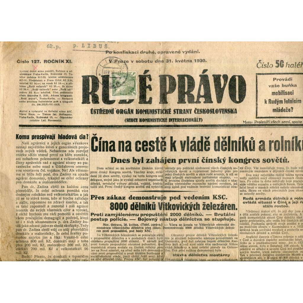 Rudé právo (31.5.1930) - staré noviny, 1. republika