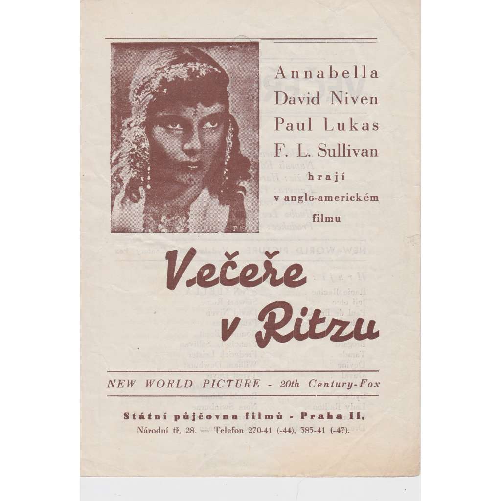 Večeře v Ritzu. Bio-program v obrazech. Filmový prospekt z kina. (režie Harold B. Schuster, hrají Annabella, S. Rome)