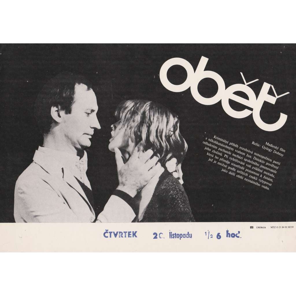 Oběť (filmový plakát, slepka, film Maďarsko 1984, režie György Dobray, Hrají: Gábor Reviczky, Anikó Sáfár)