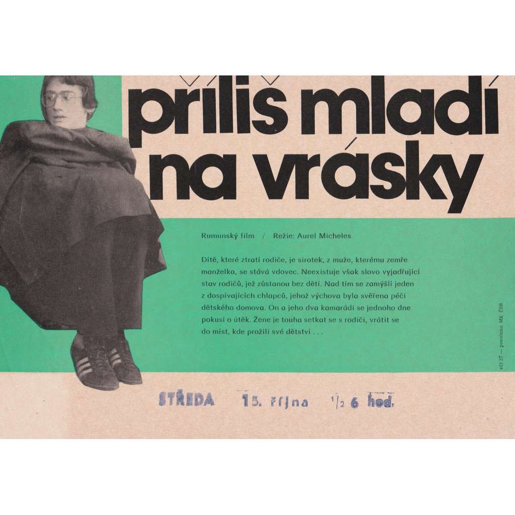 Příliš mladí na vrásky (filmový plakát, slepka, film Rumunsko1983, režie Aurel Miheleš, Hrají: Gabriel Costea, Adrian Vâlcu)