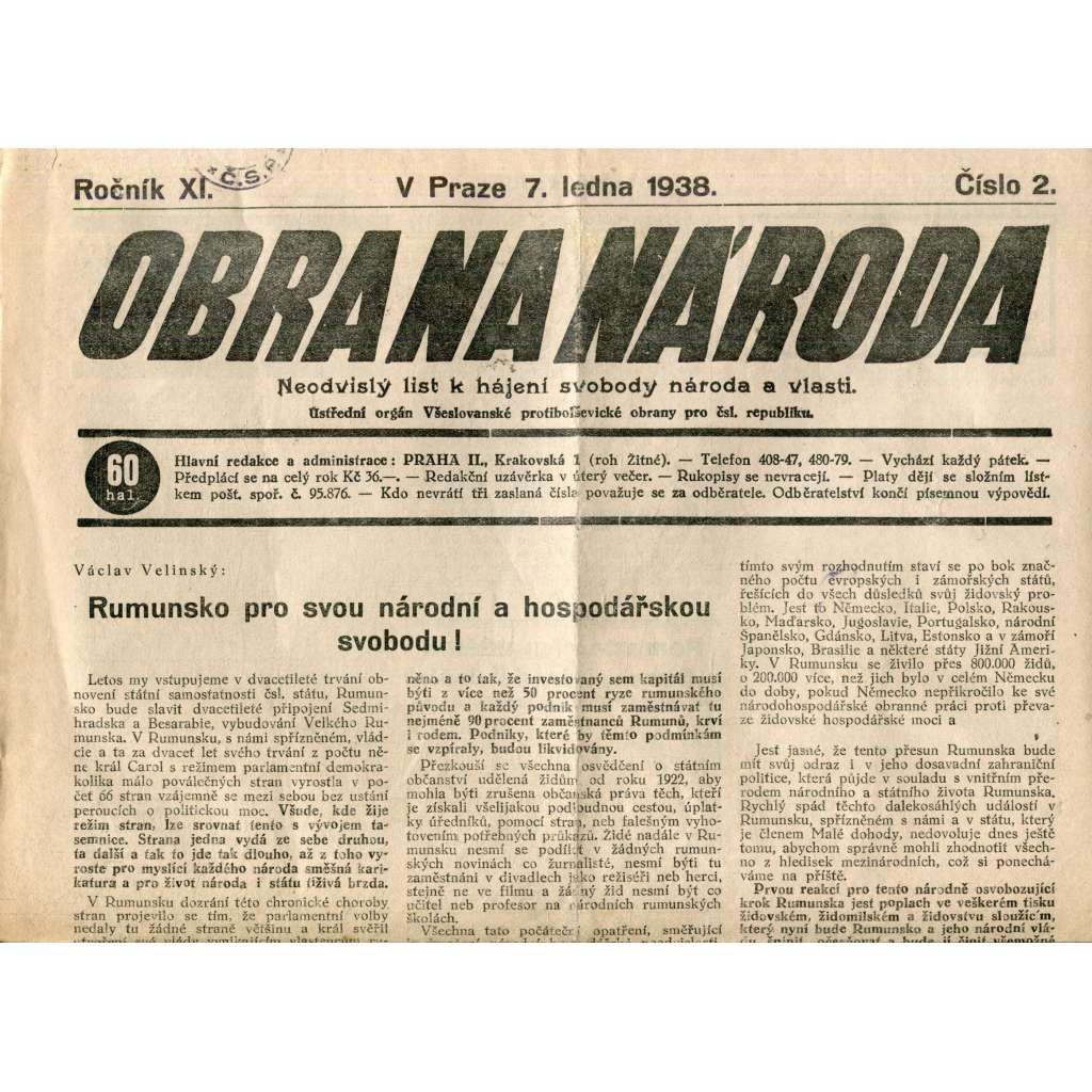Obrana národa 7.1.1938 (antisemitské, protibolševické noviny)