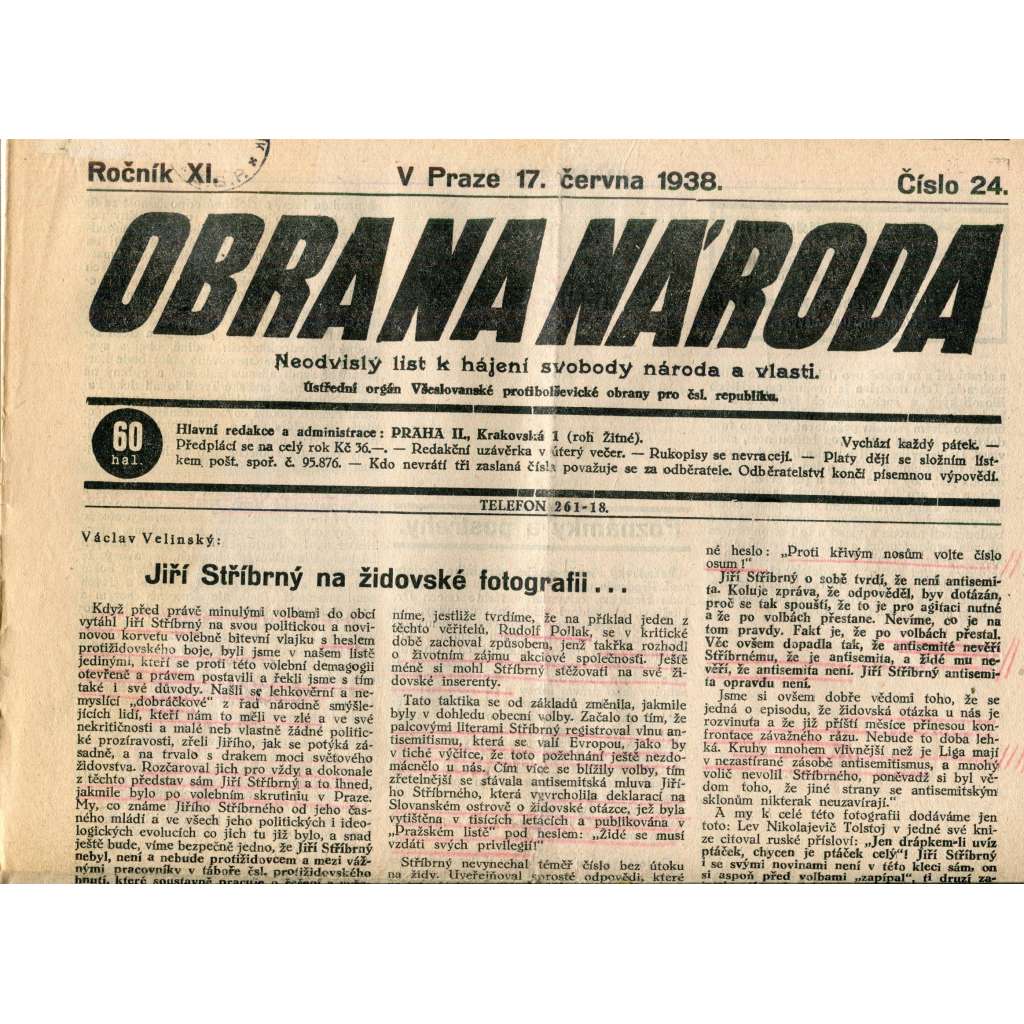 Obrana národa 10.6.1938 (antisemitismus, antisemitské, protibolševické noviny)