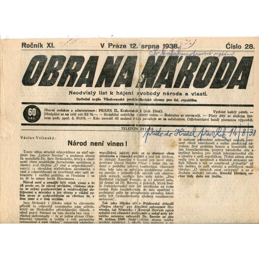 Obrana národa 12.8.1938 (antisemitismus, antisemitské, protibolševické noviny)