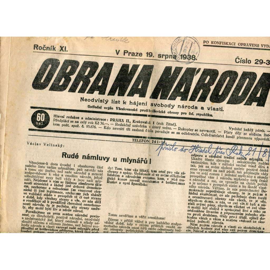 Obrana národa 19.8.1938 (antisemitismus, antisemitské, protibolševické noviny)