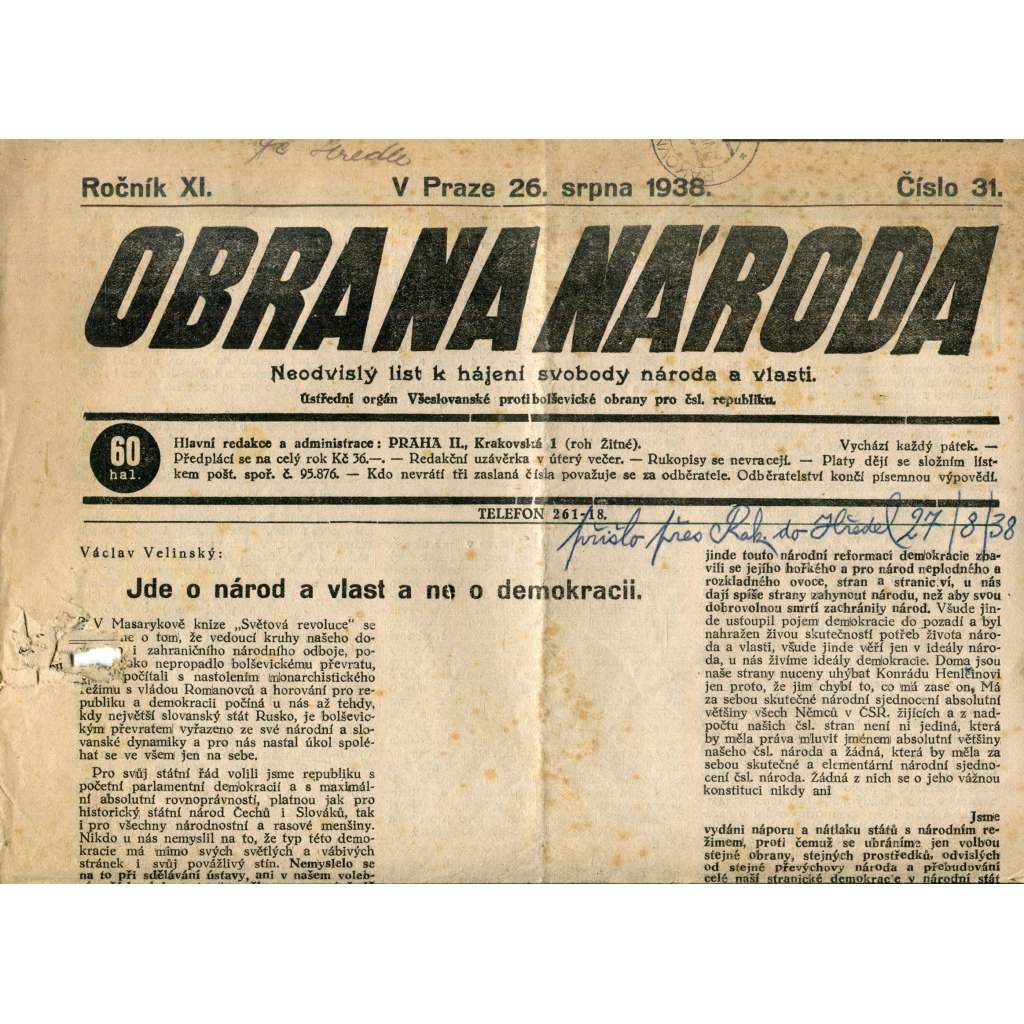 Obrana národa 26.8.1938 (antisemitismus, antisemitské, protibolševické noviny)