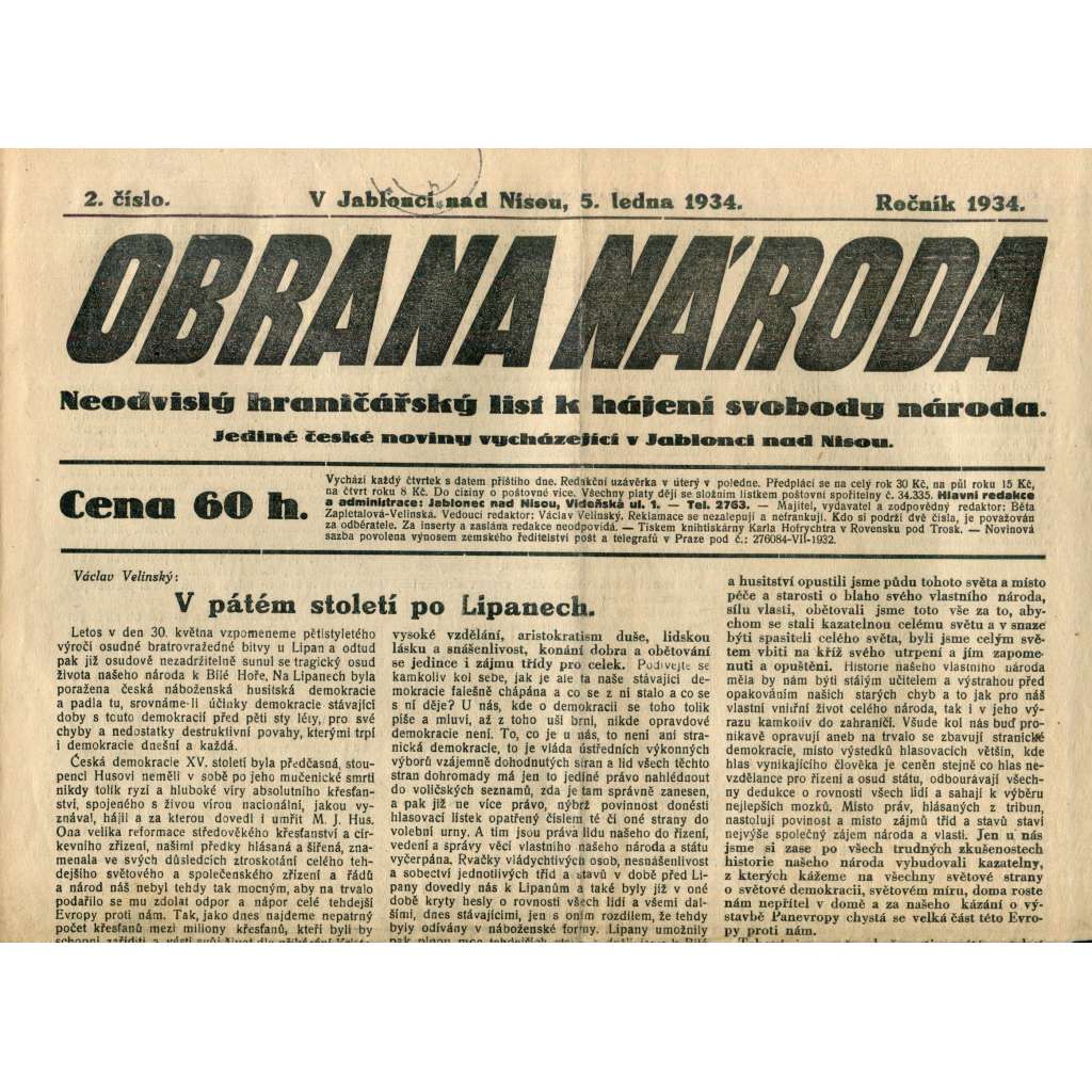 Obrana národa 5.1.1934 (antisemitismus, antisemitské, protibolševické noviny)