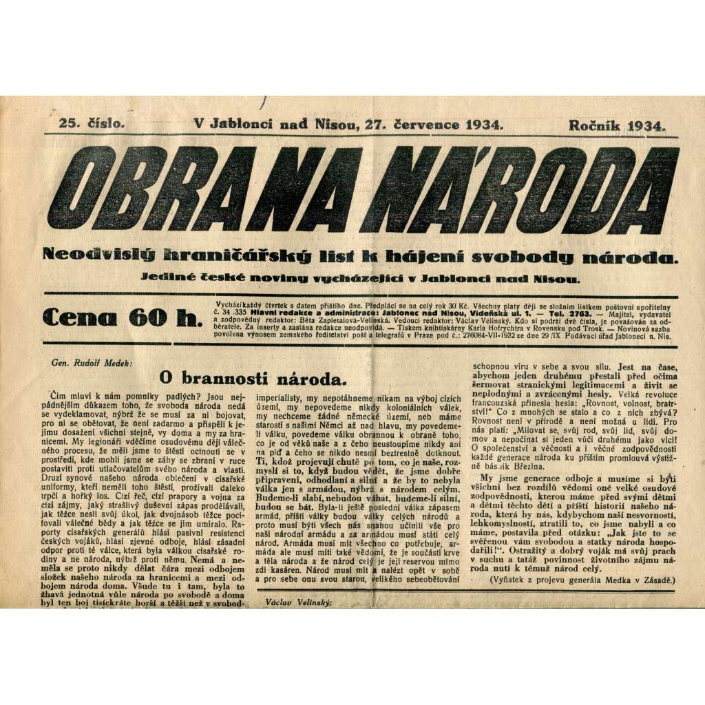 Obrana národa 27.7.1934 (antisemitismus, antisemitské, protibolševické noviny)