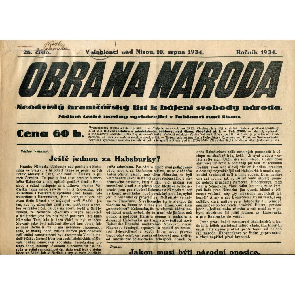Obrana národa 10.8.1934 (antisemitismus, antisemitské, protibolševické noviny)