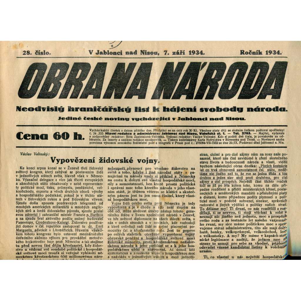Obrana národa 7.9.1934 (antisemitismus, antisemitské, protibolševické noviny)