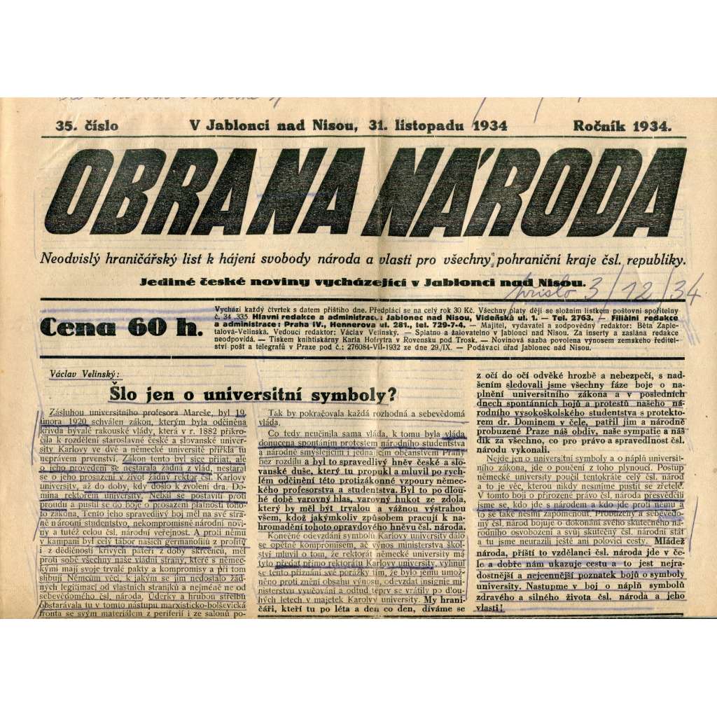 Obrana národa 31.11.1934 (antisemitismus, antisemitské, protibolševické noviny)