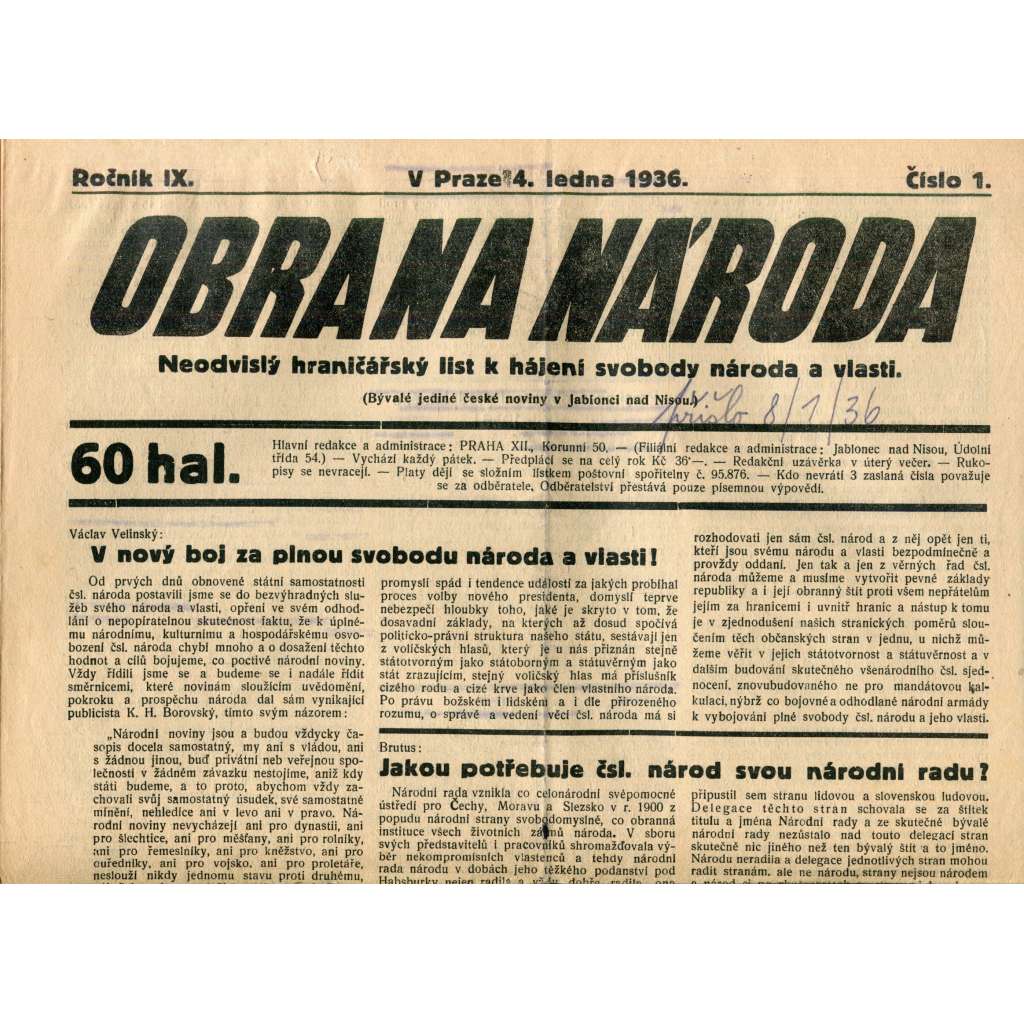 Obrana národa 4.1.1936 (antisemitismus, antisemitské, protibolševické noviny)