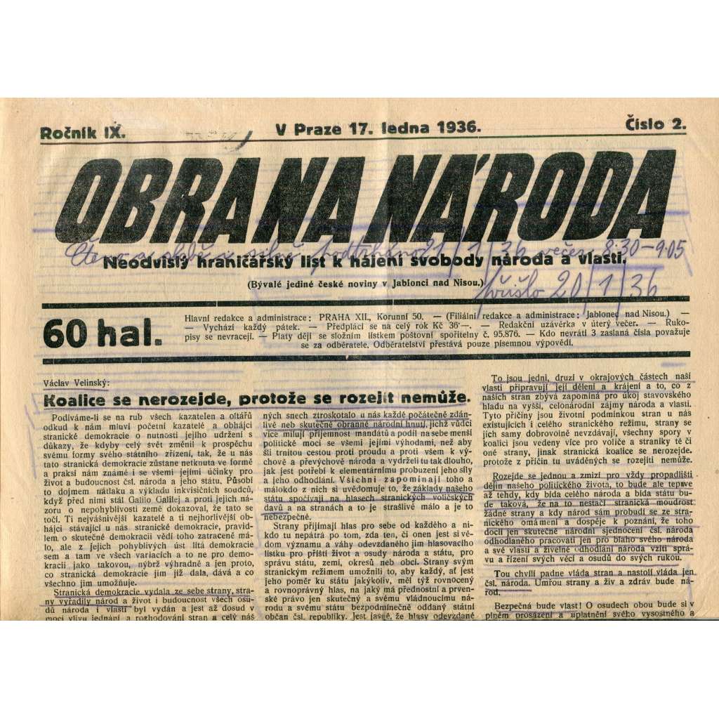 Obrana národa 17.1.1936 (antisemitismus, antisemitské, protibolševické noviny)