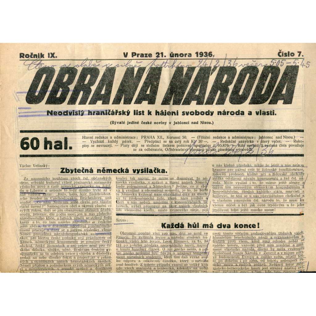 Obrana národa 21.2.1936 (antisemitismus, antisemitské, protibolševické noviny)