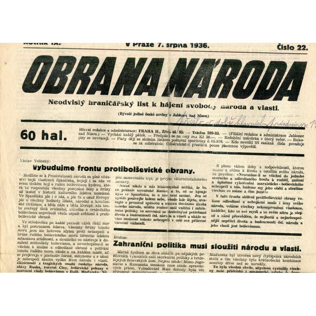 Obrana národa 7.8.1936 (antisemitismus, antisemitské, protibolševické noviny)
